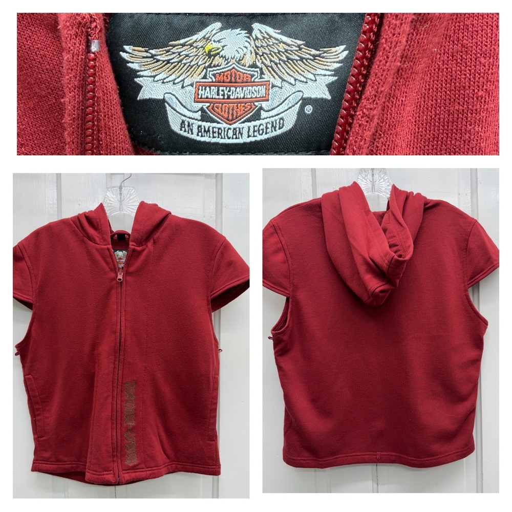 Harley Davidson Motorcycles Red Zip‎ Up Hooded Vest Women's Medium Biker Moto